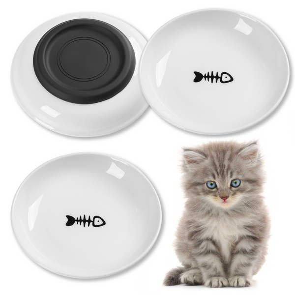 Cat Food Bowls, Whisker Friendly Ceramic Cat Bowls with Nonslip Silicone Bottom, Pack of 3 Quiet Cat Dishes and Plates for Feeding Indoor Cats, Kittens and Small Dogs