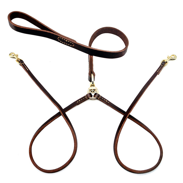 No-Tangle Leather Double Dog Leash - 5ft Training & Walking Lead for Two Dogs (Brown)