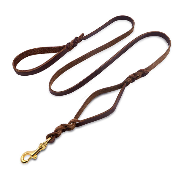 Leather Double Handle Dog Leash - 6ft Braided Training Lead